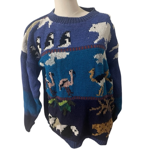 Vintage 20 Ans handmade knit sweater Blue Size Large RARE - Picture 1 of 16